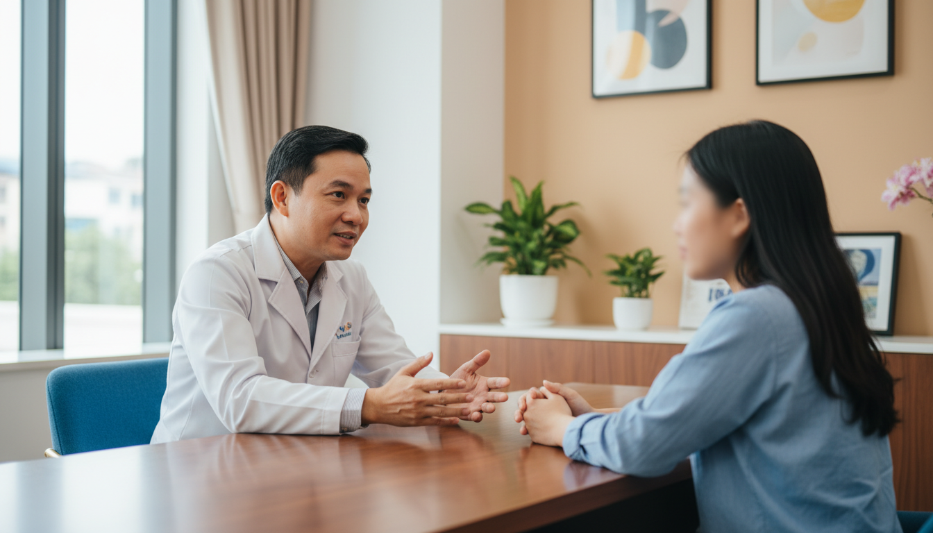 Bác sĩ Phạm Xuân Khiêm tận tâm lắng nghe và tư vấn chi tiết cho khách hàng tại EMCAS, mang lại sự tin tưởng tuyệt đối.